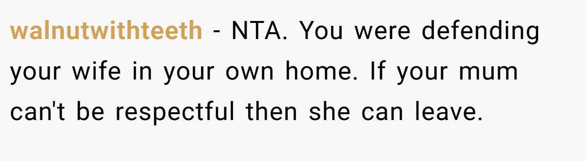 walnutwithteeth − NTA. You were defending your wife in your own home. If your mum can't be respectful then she can leave.
