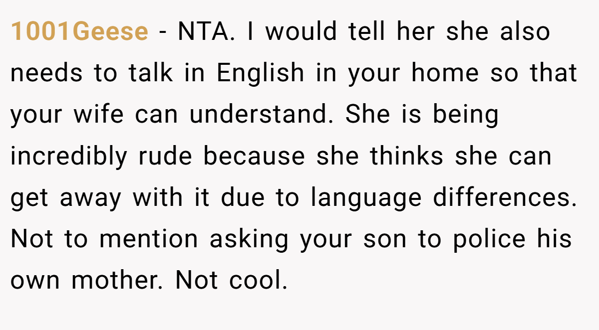 1001Geese − NTA. I would tell her she also needs to talk in English in your home so that your wife can understand. She is being incredibly rude because she thinks she can get away with it due to language differences. Not to mention asking your son to police his own mother. Not cool.