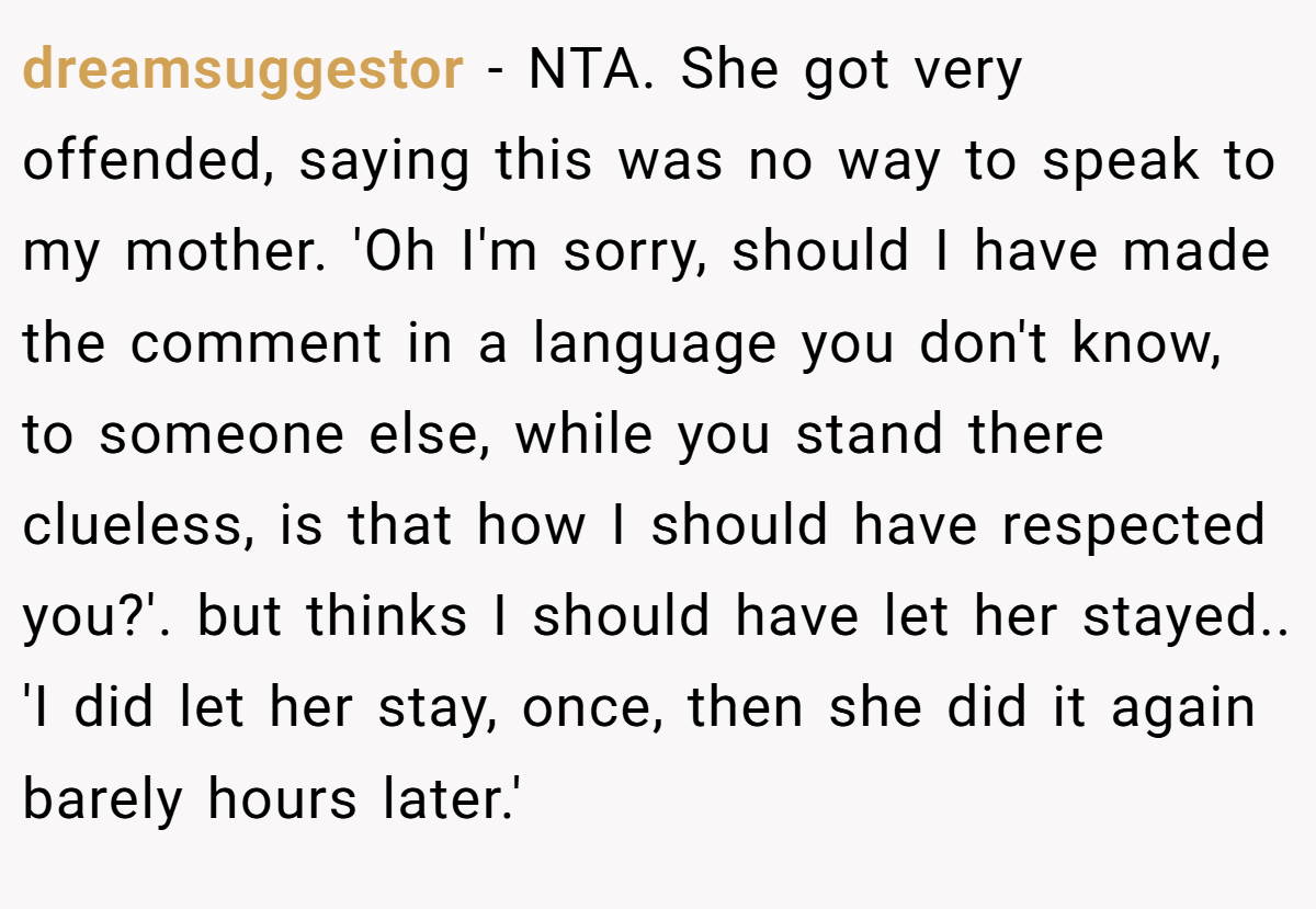 dreamsuggestor − NTA. She got very offended, saying this was no way to speak to my mother. 'Oh I'm sorry, should I have made the comment in a language you don't know, to someone else, while you stand there clueless, is that how I should have respected you?'. but thinks I should have let her stayed.. 'I did let her stay, once, then she did it again barely hours later.'