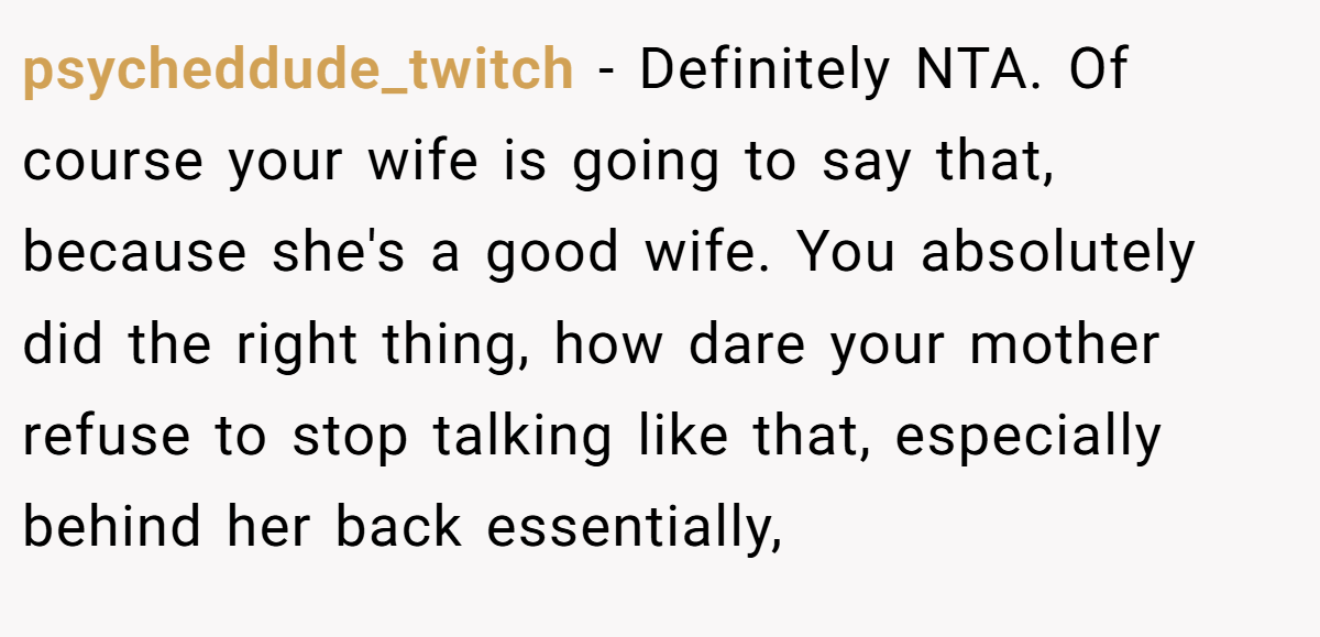 psycheddude_twitch − Definitely NTA. Of course your wife is going to say that, because she's a good wife. You absolutely did the right thing, how dare your mother refuse to stop talking like that, especially behind her back essentially,