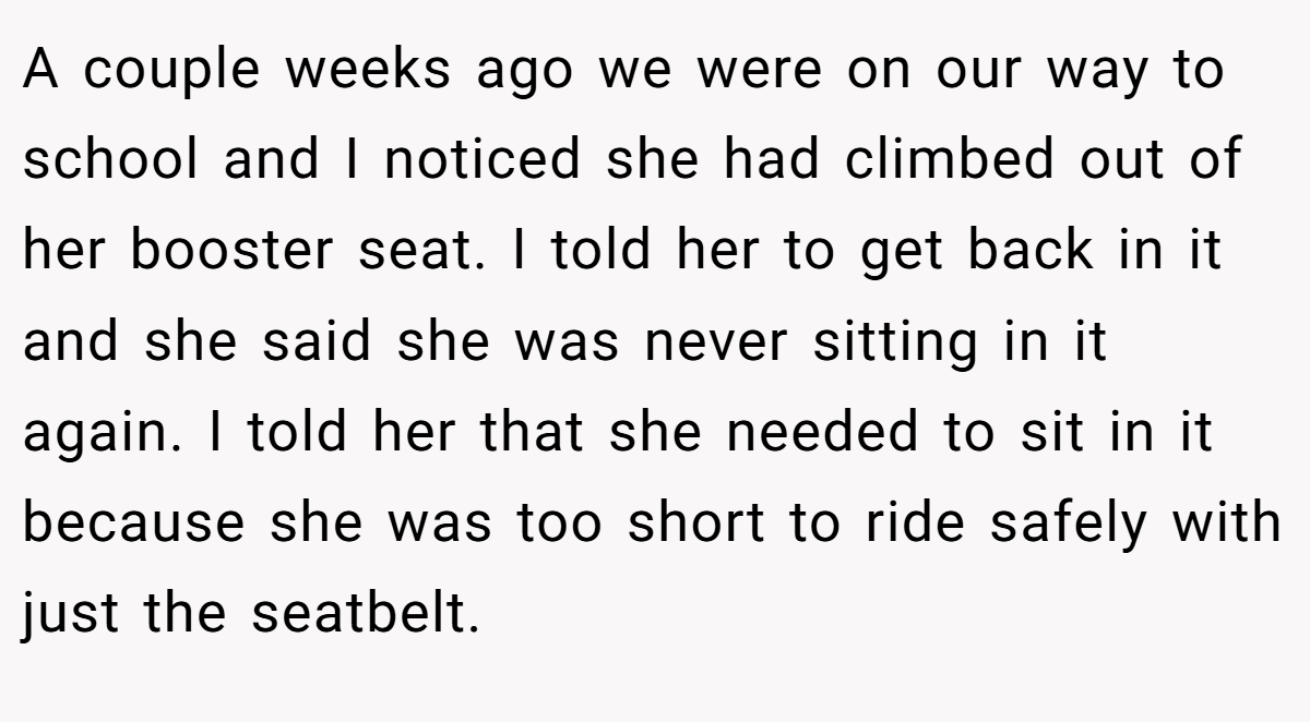 A couple weeks ago we were on our way to school and I noticed she had climbed out of her booster seat. I told her to get back in it and she said she was never sitting in it again. I told her that she needed to sit in it because she was too short to ride safely with just the seatbelt.