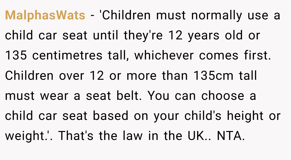 MalphasWats − 'Children must normally use a child car seat until they're 12 years old or 135 centimetres tall, whichever comes first. Children over 12 or more than 135cm tall must wear a seat belt. You can choose a child car seat based on your child's height or weight.'. That's the law in the UK.. NTA.