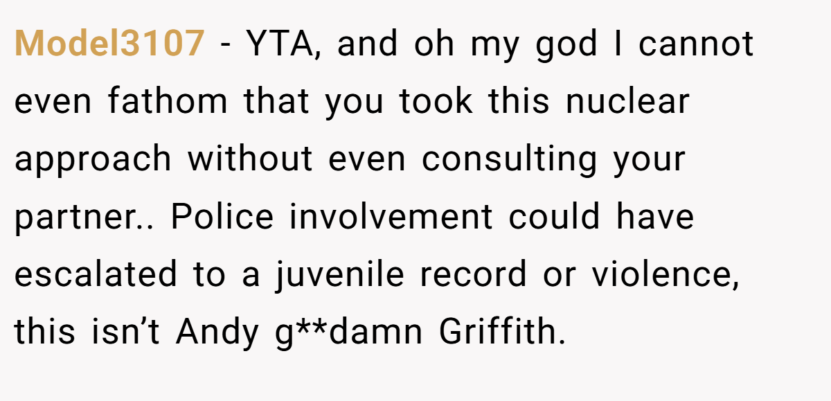 Model3107 − YTA, and oh my god I cannot even fathom that you took this nuclear approach without even consulting your partner.. Police involvement could have escalated to a juvenile record or violence, this isn’t Andy g**damn Griffith.