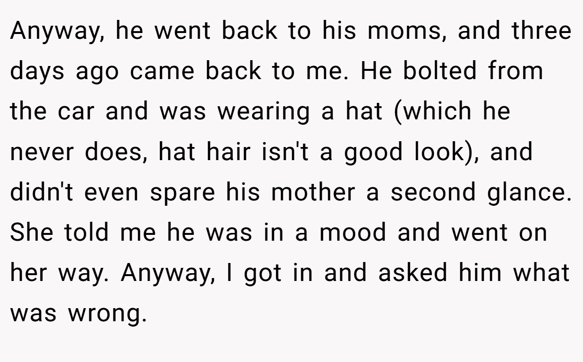 Anyway, he went back to his moms, and three days ago came back to me. He bolted from the car and was wearing a hat (which he never does, hat hair isn't a good look), and didn't even spare his mother a second glance. She told me he was in a mood and went on her way. Anyway, I got in and asked him what was wrong.