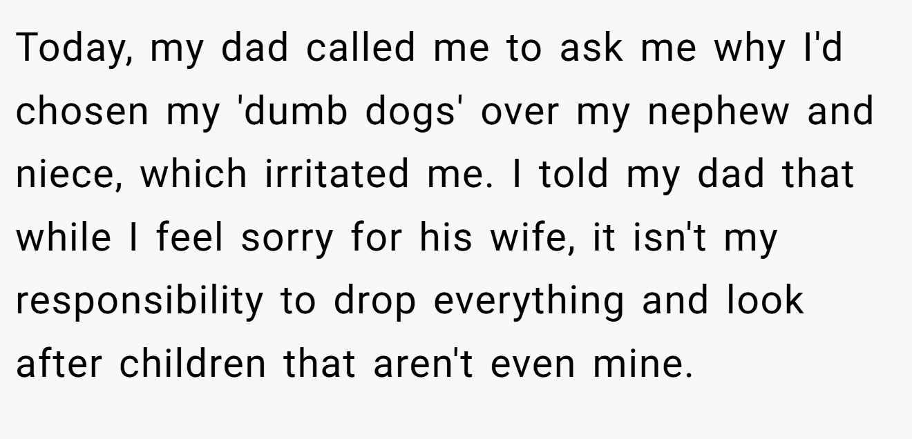 Today, my dad called me to ask me why I'd chosen my 'dumb dogs' over my nephew and niece, which irritated me. I told my dad that while I feel sorry for his wife, it isn't my responsibility to drop everything and look after children that aren't even mine.