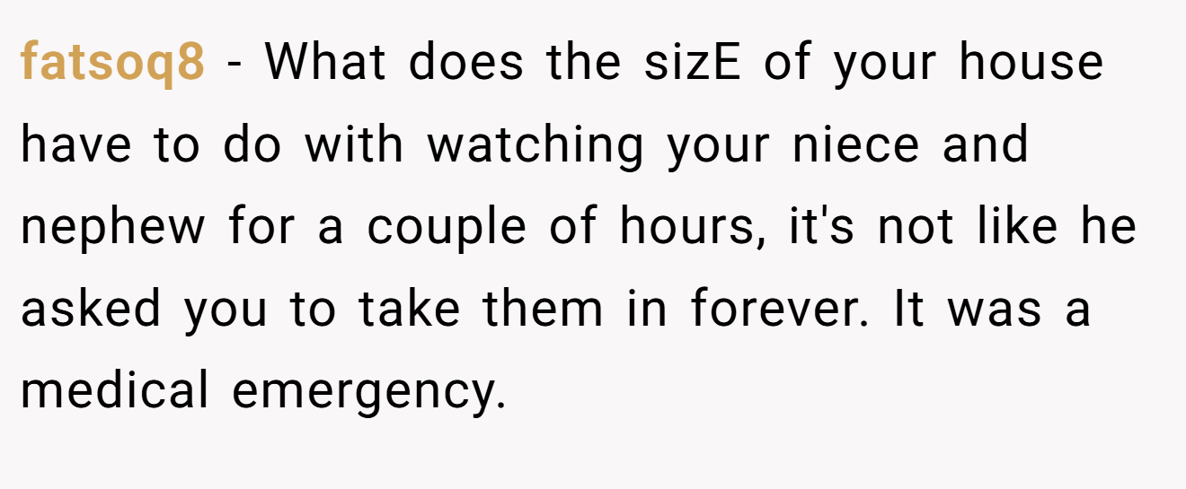 fatsoq8 − What does the sizE of your house have to do with watching your niece and nephew for a couple of hours, it's not like he asked you to take them in forever. It was a medical emergency.