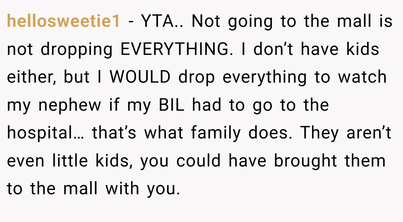 hellosweetie1 − YTA.. Not going to the mall is not dropping EVERYTHING. I don’t have kids either, but I WOULD drop everything to watch my nephew if my BIL had to go to the hospital… that’s what family does. They aren’t even little kids, you could have brought them to the mall with you.
