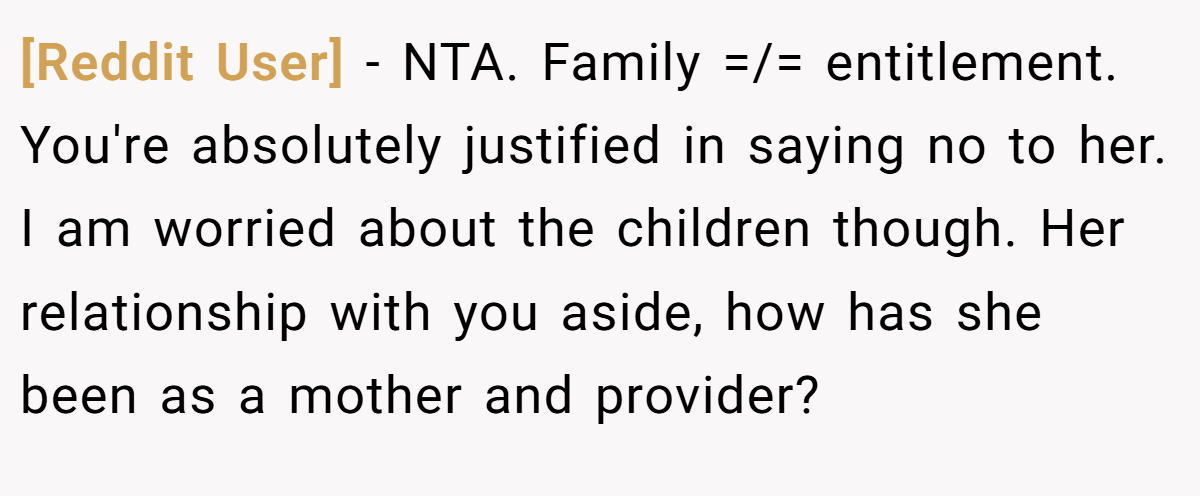 [Reddit User] − NTA. Family =/= entitlement. You're absolutely justified in saying no to her. I am worried about the children though. Her relationship with you aside, how has she been as a mother and provider?