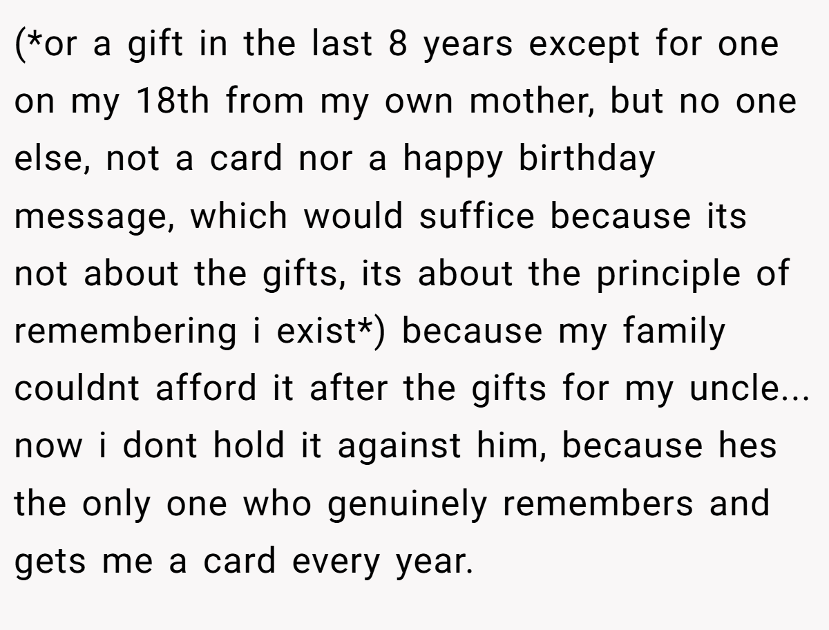 (*or a gift in the last 8 years except for one on my 18th from my own mother, but no one else, not a card nor a happy birthday message, which would suffice because its not about the gifts, its about the principle of remembering i exist*) because my family couldnt afford it after the gifts for my uncle... now i dont hold it against him, because hes the only one who genuinely remembers and gets me a card every year.