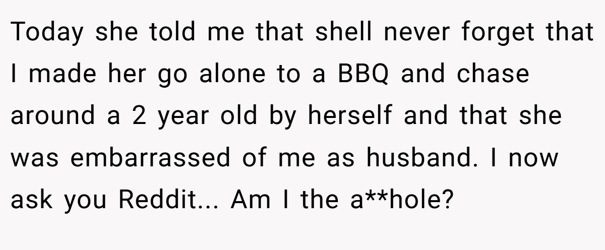 Today she told me that shell never forget that I made her go alone to a BBQ and chase around a 2 year old by herself and that she was embarrassed of me as husband. I now ask you Reddit... Am I the a**hole?