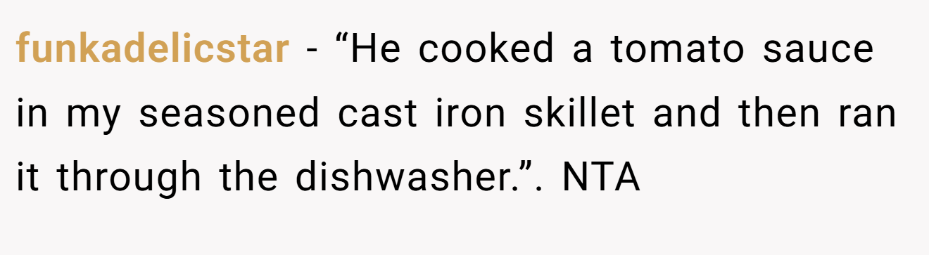 funkadelicstar − “He cooked a tomato sauce in my seasoned cast iron skillet and then ran it through the dishwasher.”. NTA