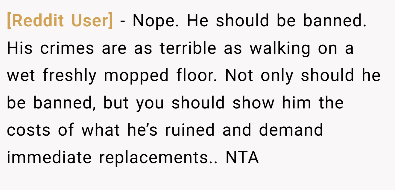 [Reddit User] − Nope. He should be banned. His crimes are as terrible as walking on a wet freshly mopped floor. Not only should he be banned, but you should show him the costs of what he’s ruined and demand immediate replacements.. NTA
