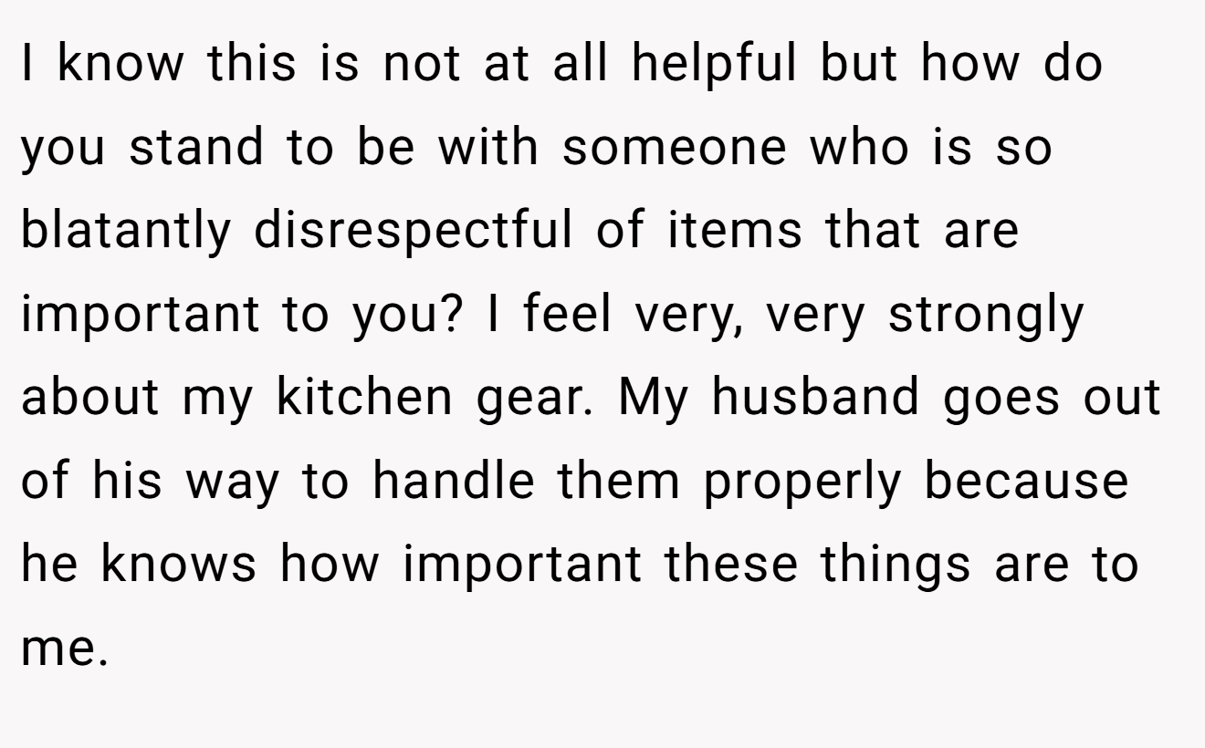I know this is not at all helpful but how do you stand to be with someone who is so blatantly disrespectful of items that are important to you? I feel very, very strongly about my kitchen gear. My husband goes out of his way to handle them properly because he knows how important these things are to me.
