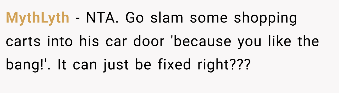 MythLyth − NTA. Go slam some shopping carts into his car door 'because you like the bang!'. It can just be fixed right???