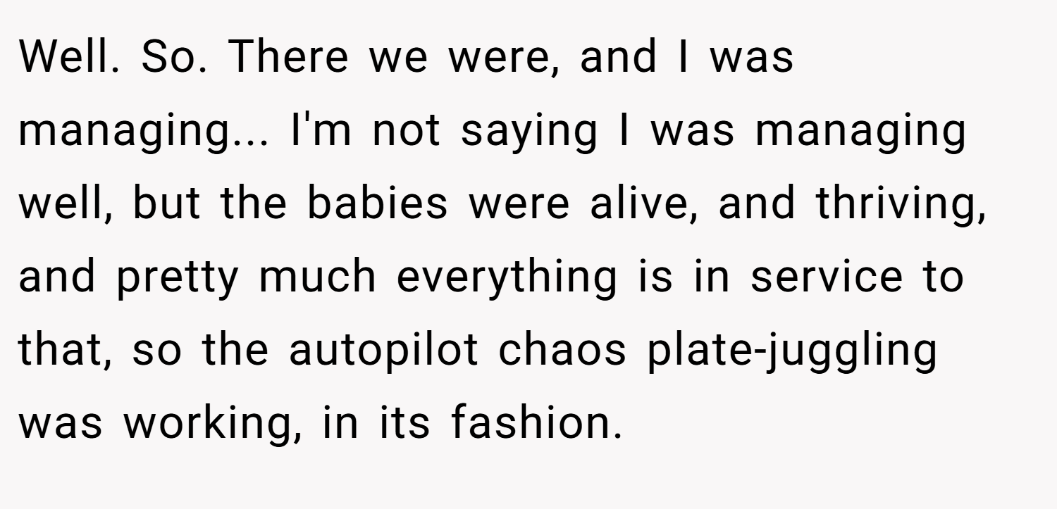Well. So. There we were, and I was managing... I'm not saying I was managing well, but the babies were alive, and thriving, and pretty much everything is in service to that, so the autopilot chaos plate-juggling was working, in its fashion.