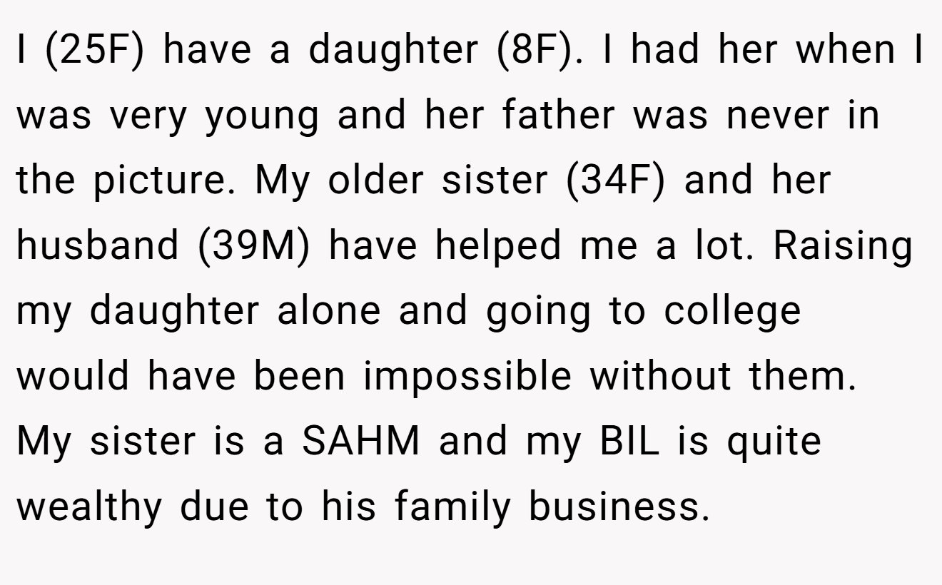 I (25F) have a daughter (8F). I had her when I was very young and her father was never in the picture. My older sister (34F) and her husband (39M) have helped me a lot. Raising my daughter alone and going to college would have been impossible without them. My sister is a SAHM and my BIL is quite wealthy due to his family business.