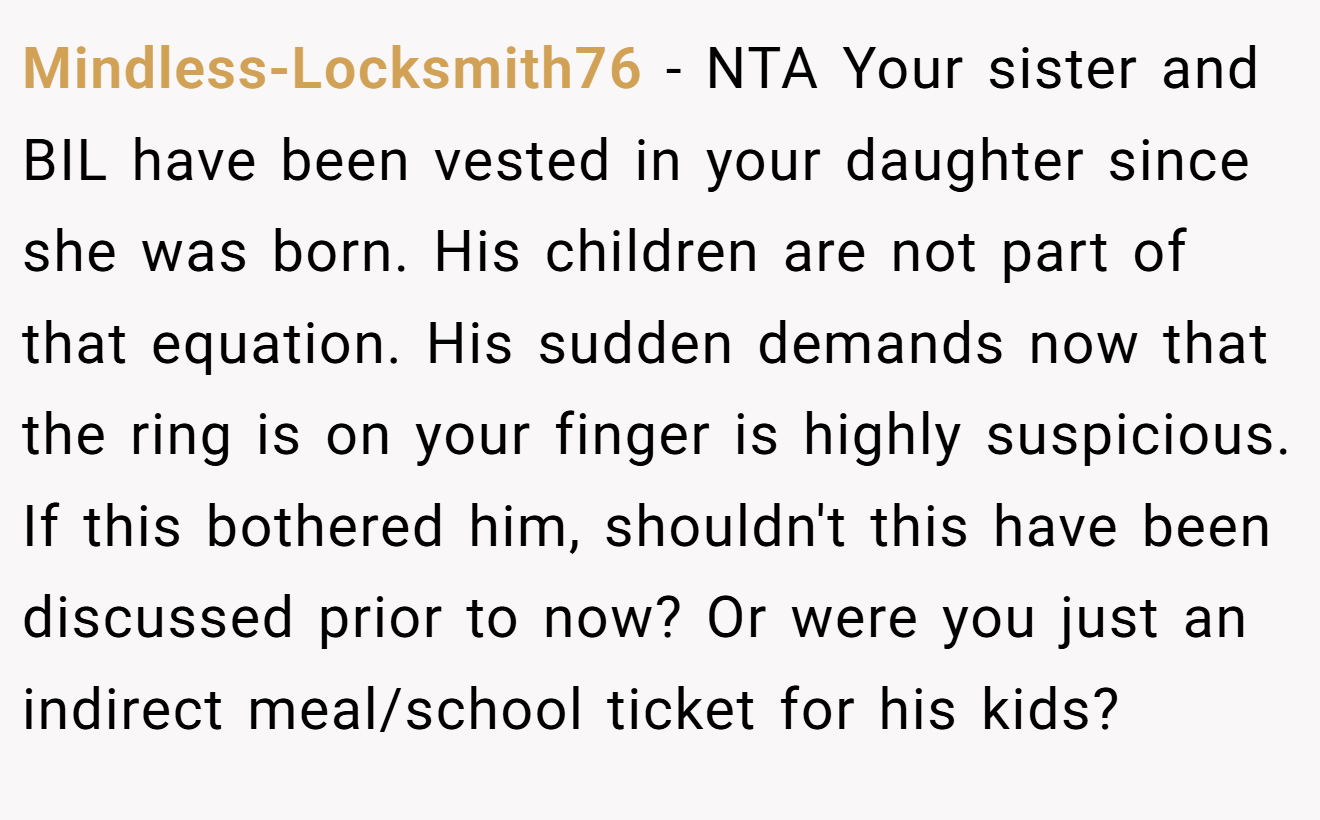 Mindless-Locksmith76 − NTA Your sister and BIL have been vested in your daughter since she was born. His children are not part of that equation. His sudden demands now that the ring is on your finger is highly suspicious. If this bothered him, shouldn't this have been discussed prior to now? Or were you just an indirect meal/school ticket for his kids?