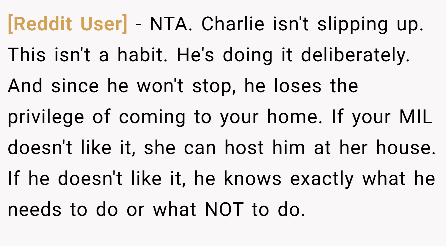 [Reddit User] − NTA. Charlie isn't slipping up. This isn't a habit. He's doing it deliberately. And since he won't stop, he loses the privilege of coming to your home. If your MIL doesn't like it, she can host him at her house. If he doesn't like it, he knows exactly what he needs to do or what NOT to do.