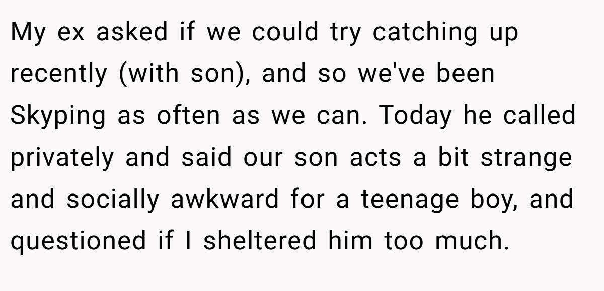 My ex asked if we could try catching up recently (with son), and so we've been Skyping as often as we can. Today he called privately and said our son acts a bit strange and socially awkward for a teenage boy, and questioned if I sheltered him too much.