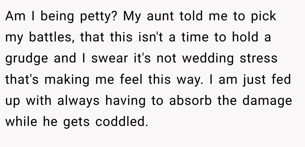 Am I being petty? My aunt told me to pick my battles, that this isn't a time to hold a grudge and I swear it's not wedding stress that's making me feel this way. I am just fed up with always having to absorb the damage while he gets coddled.