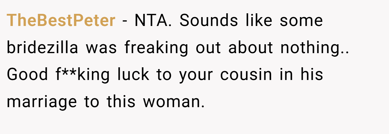 TheBestPeter − NTA. Sounds like some bridezilla was freaking out about nothing.. Good f**king luck to your cousin in his marriage to this woman.