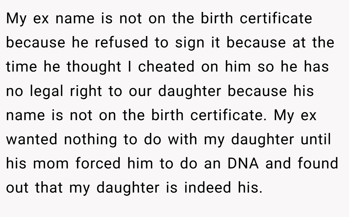 My ex name is not on the birth certificate because he refused to sign it because at the time he thought I cheated on him so he has no legal right to our daughter because his name is not on the birth certificate. My ex wanted nothing to do with my daughter until his mom forced him to do an DNA and found out that my daughter is indeed his.