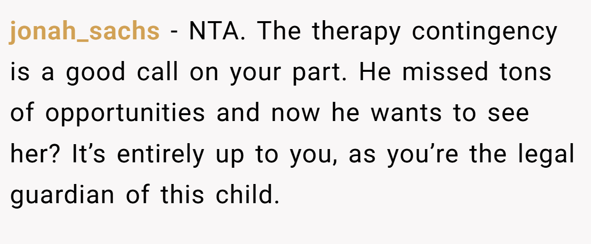 jonah_sachs − NTA. The therapy contingency is a good call on your part. He missed tons of opportunities and now he wants to see her? It’s entirely up to you, as you’re the legal guardian of this child.