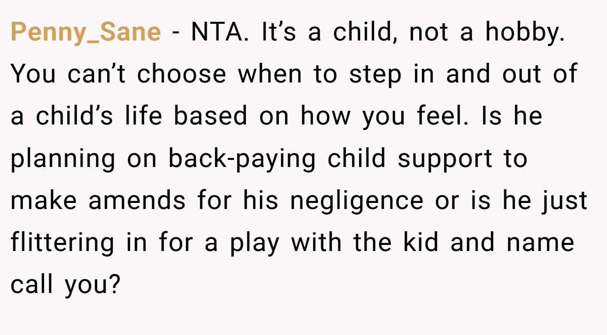 Penny_Sane − NTA. It’s a child, not a hobby. You can’t choose when to step in and out of a child’s life based on how you feel. Is he planning on back-paying child support to make amends for his negligence or is he just flittering in for a play with the kid and name call you?