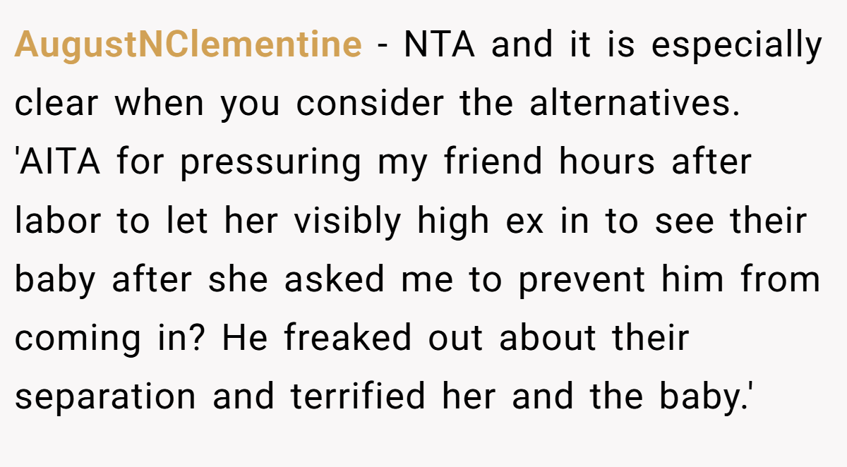 AugustNClementine − NTA and it is especially clear when you consider the alternatives. 'AITA for pressuring my friend hours after labor to let her visibly high ex in to see their baby after she asked me to prevent him from coming in? He freaked out about their separation and terrified her and the baby.'