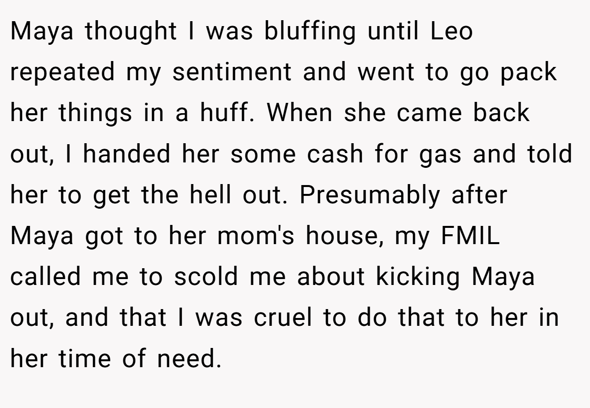 Maya thought I was bluffing until Leo repeated my sentiment and went to go pack her things in a huff. When she came back out, I handed her some cash for gas and told her to get the hell out. Presumably after Maya got to her mom's house, my FMIL called me to scold me about kicking Maya out, and that I was cruel to do that to her in her time of need.