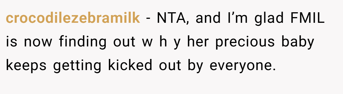 crocodilezebramilk − NTA, and I’m glad FMIL is now finding out w h y her precious baby keeps getting kicked out by everyone.
