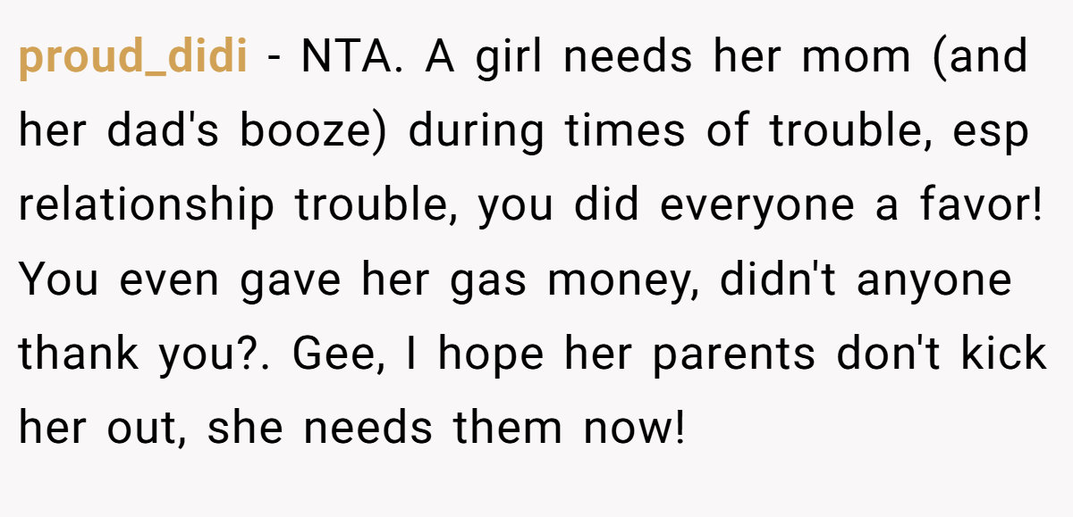 proud_didi − NTA. A girl needs her mom (and her dad's booze) during times of trouble, esp relationship trouble, you did everyone a favor! You even gave her gas money, didn't anyone thank you?. Gee, I hope her parents don't kick her out, she needs them now!