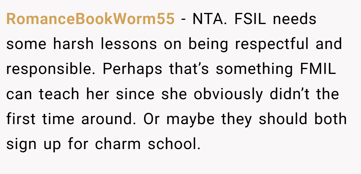 RomanceBookWorm55 − NTA. FSIL needs some harsh lessons on being respectful and responsible. Perhaps that’s something FMIL can teach her since she obviously didn’t the first time around. Or maybe they should both sign up for charm school.
