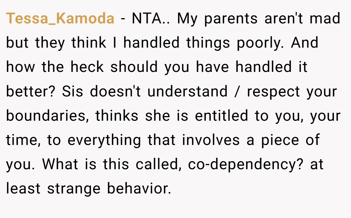 Tessa_Kamoda − NTA.. My parents aren't mad but they think I handled things poorly. And how the heck should you have handled it better? Sis doesn't understand / respect your boundaries, thinks she is entitled to you, your time, to everything that involves a piece of you. What is this called, co-dependency? at least strange behavior.