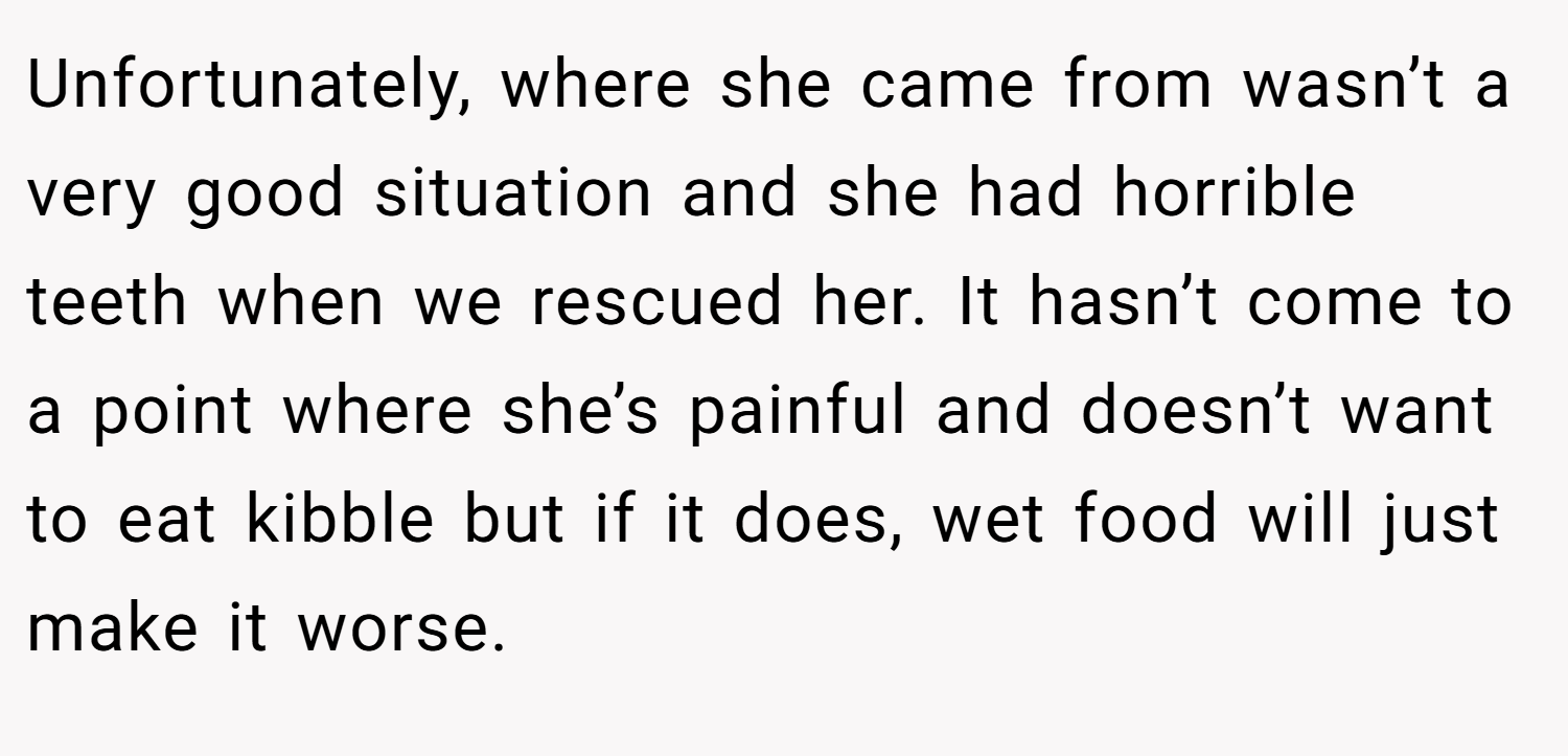 Unfortunately, where she came from wasn’t a very good situation and she had horrible teeth when we rescued her. It hasn’t come to a point where she’s painful and doesn’t want to eat kibble but if it does, wet food will just make it worse.