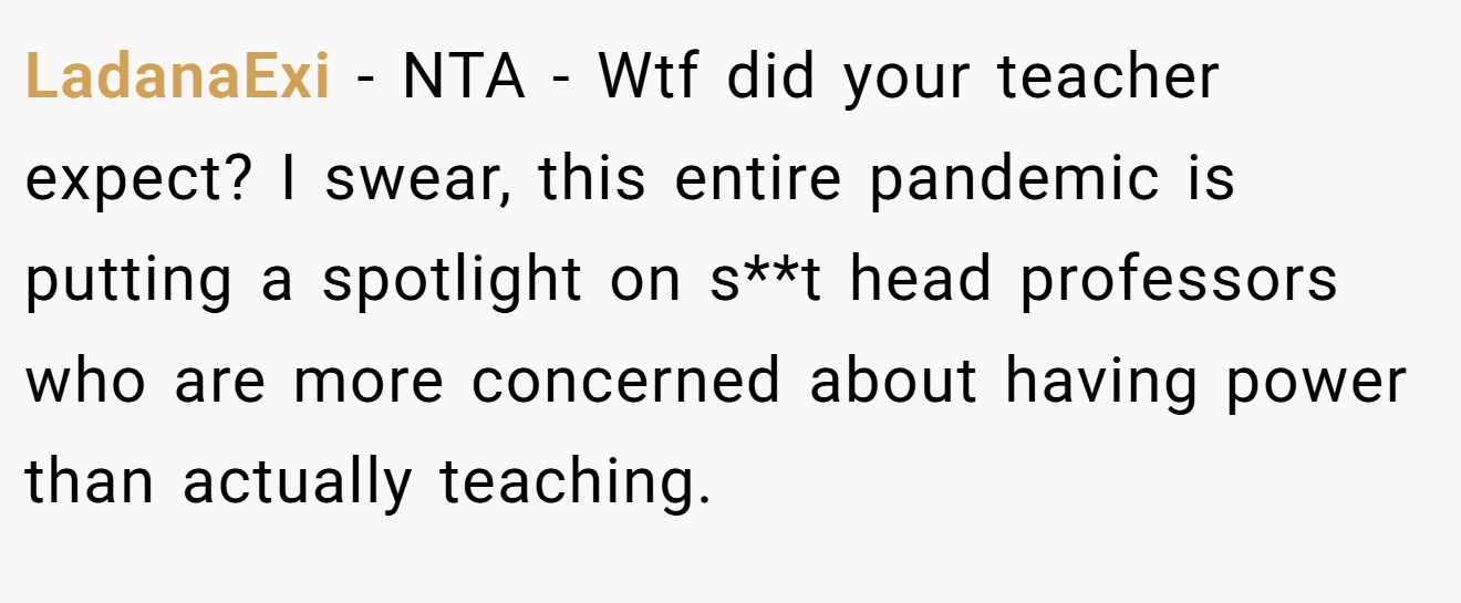 LadanaExi − NTA - Wtf did your teacher expect? I swear, this entire pandemic is putting a spotlight on s**t head professors who are more concerned about having power than actually teaching.