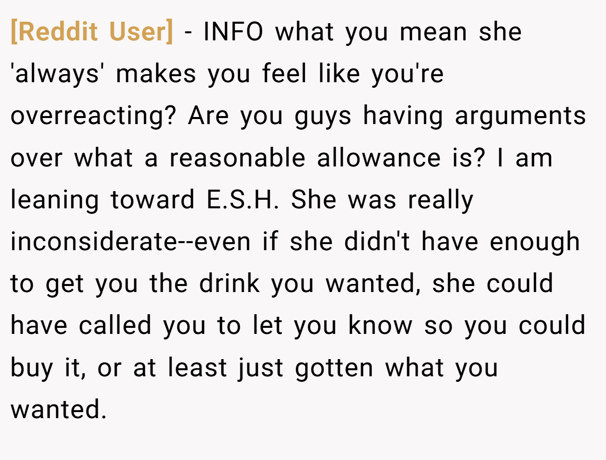[Reddit User] − INFO what you mean she 'always' makes you feel like you're overreacting? Are you guys having arguments over what a reasonable allowance is? I am leaning toward E.S.H. She was really inconsiderate--even if she didn't have enough to get you the drink you wanted, she could have called you to let you know so you could buy it, or at least just gotten what you wanted.