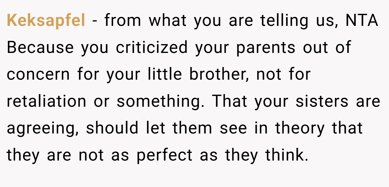 Keksapfel − from what you are telling us, NTA Because you criticized your parents out of concern for your little brother, not for retaliation or something. That your sisters are agreeing, should let them see in theory that they are not as perfect as they think.