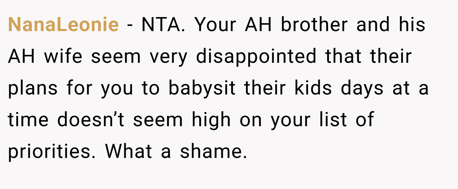 NanaLeonie − NTA. Your AH brother and his AH wife seem very disappointed that their plans for you to babysit their kids days at a time doesn’t seem high on your list of priorities. What a shame.