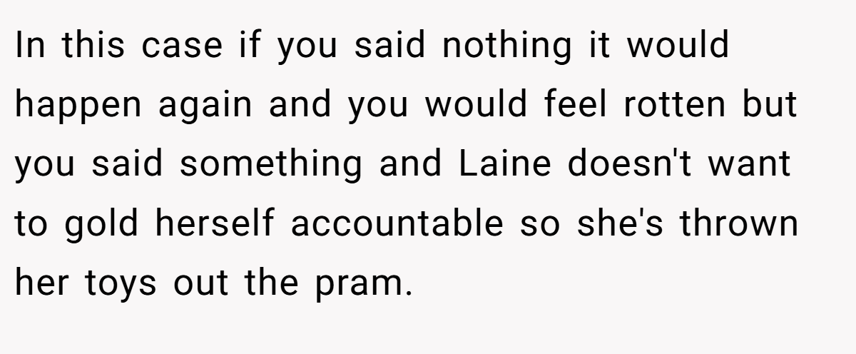 In this case if you said nothing it would happen again and you would feel rotten but you said something and Laine doesn't want to gold herself accountable so she's thrown her toys out the pram.