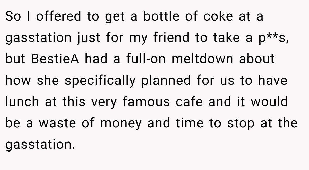 So I offered to get a bottle of coke at a gasstation just for my friend to take a p**s, but BestieA had a full-on meltdown about how she specifically planned for us to have lunch at this very famous cafe and it would be a waste of money and time to stop at the gasstation.