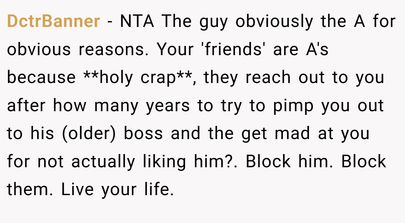 DctrBanner − NTA The guy obviously the A for obvious reasons. Your 'friends' are A's because **holy crap**, they reach out to you after how many years to try to pimp you out to his (older) boss and the get mad at you for not actually liking him?. Block him. Block them. Live your life.