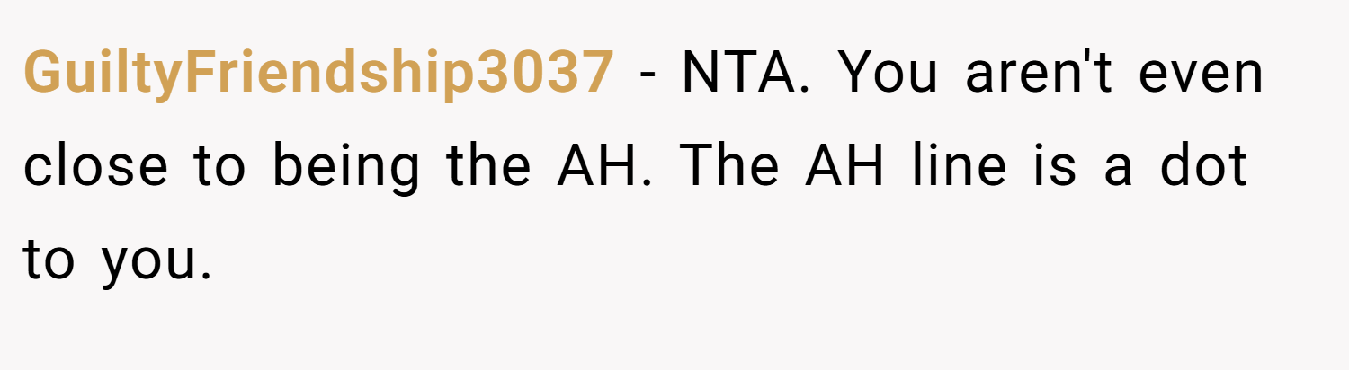 GuiltyFriendship3037 − NTA. You aren't even close to being the AH. The AH line is a dot to you.