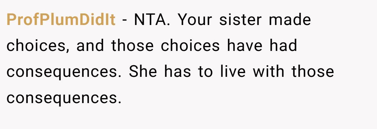 ProfPlumDidIt − NTA. Your sister made choices, and those choices have had consequences. She has to live with those consequences.