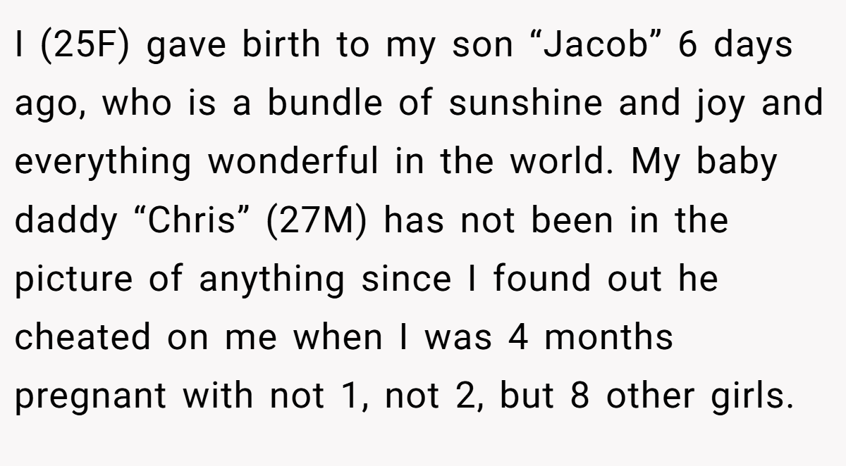 I (25F) gave birth to my son “Jacob” 6 days ago, who is a bundle of sunshine and joy and everything wonderful in the world. My baby daddy “Chris” (27M) has not been in the picture of anything since I found out he cheated on me when I was 4 months pregnant with not 1, not 2, but 8 other girls.