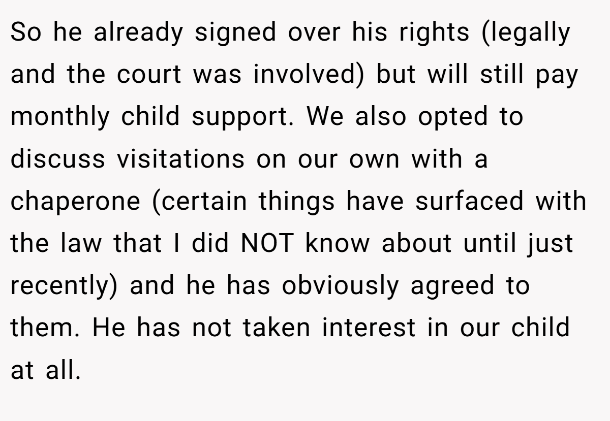 So he already signed over his rights (legally and the court was involved) but will still pay monthly child support. We also opted to discuss visitations on our own with a chaperone (certain things have surfaced with the law that I did NOT know about until just recently) and he has obviously agreed to them. He has not taken interest in our child at all.