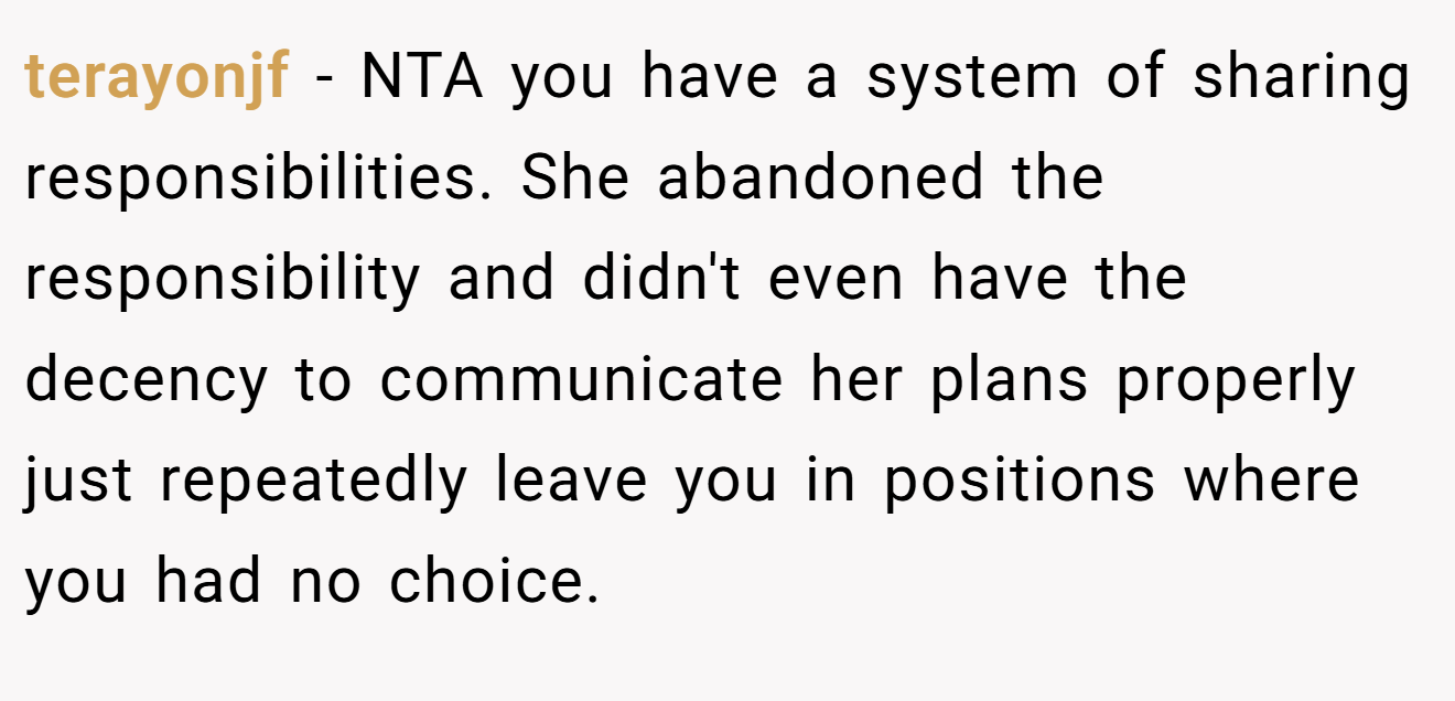 terayonjf − NTA you have a system of sharing responsibilities. She abandoned the responsibility and didn't even have the decency to communicate her plans properly just repeatedly leave you in positions where you had no choice.