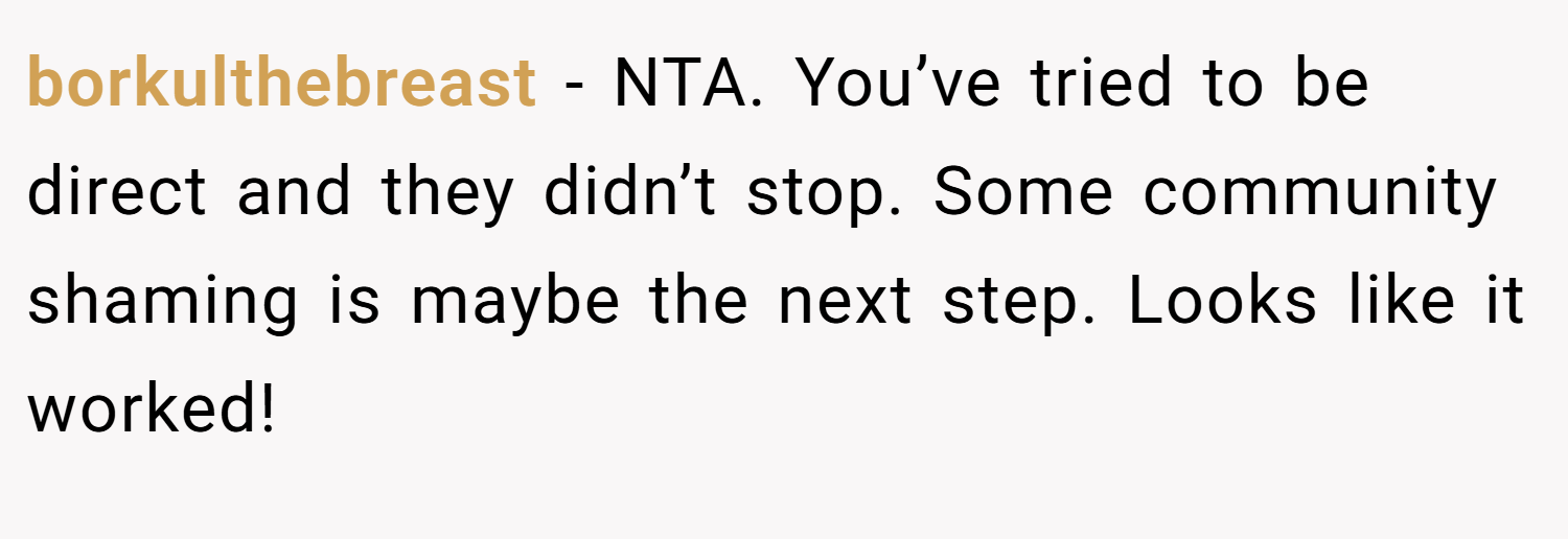 borkulthebreast − NTA. You’ve tried to be direct and they didn’t stop. Some community shaming is maybe the next step. Looks like it worked!