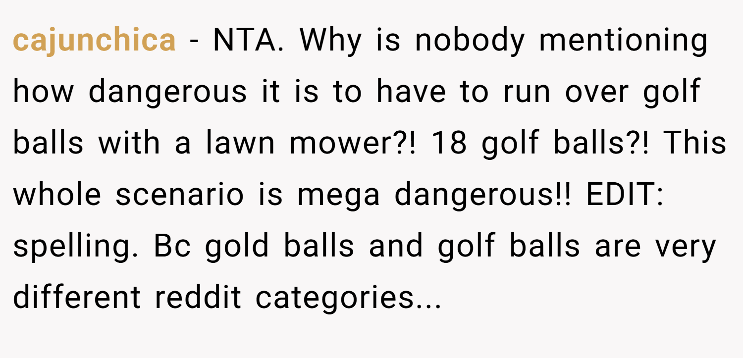 cajunchica − NTA. Why is nobody mentioning how dangerous it is to have to run over golf balls with a lawn mower?! 18 golf balls?! This whole scenario is mega dangerous!! EDIT: spelling. Bc gold balls and golf balls are very different reddit categories...