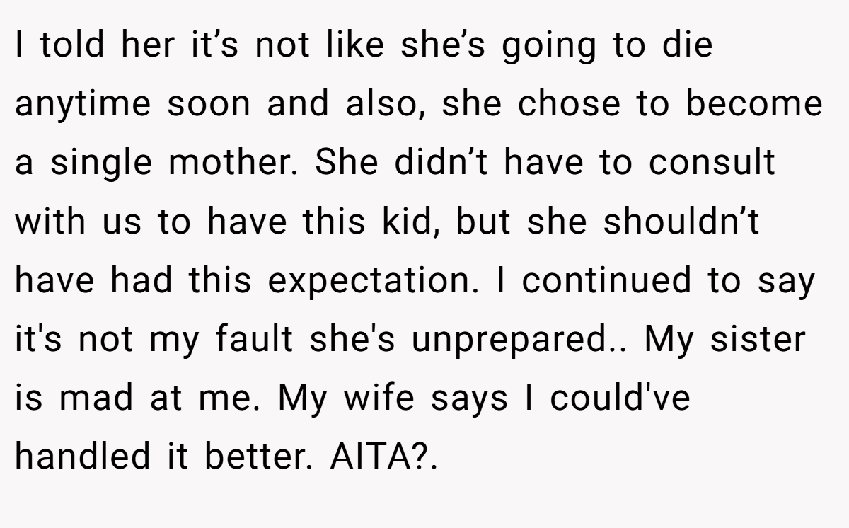 I told her it’s not like she’s going to die anytime soon and also, she chose to become a single mother. She didn’t have to consult with us to have this kid, but she shouldn’t have had this expectation. I continued to say it's not my fault she's unprepared.. My sister is mad at me. My wife says I could've handled it better. AITA?. ​